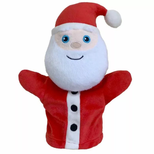 Hand Puppet of Santa Claus with red outfit and red hat, a white beard and big blue eyes.