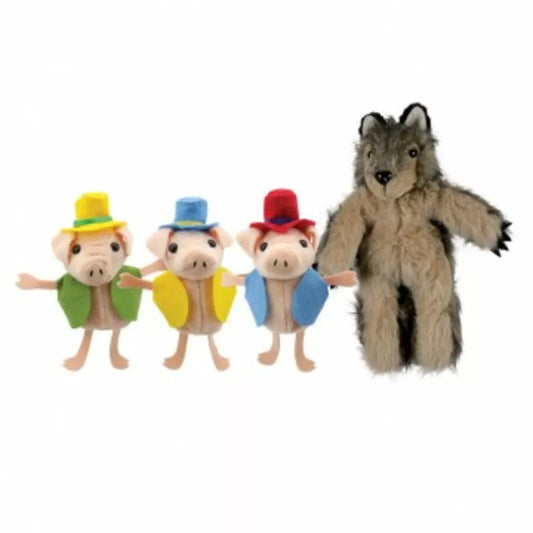 Three finger puppets for kids featuring the 3 Little Pigs & Wolf with hats, perfect for a puppet show.