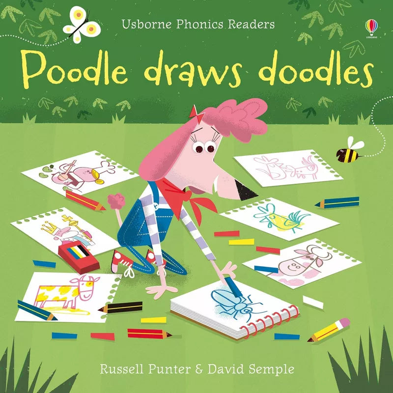 Usborne Phonics Readers featuring a puppet show where Poodle the puppet draws whimsical doodles to captivate kids.