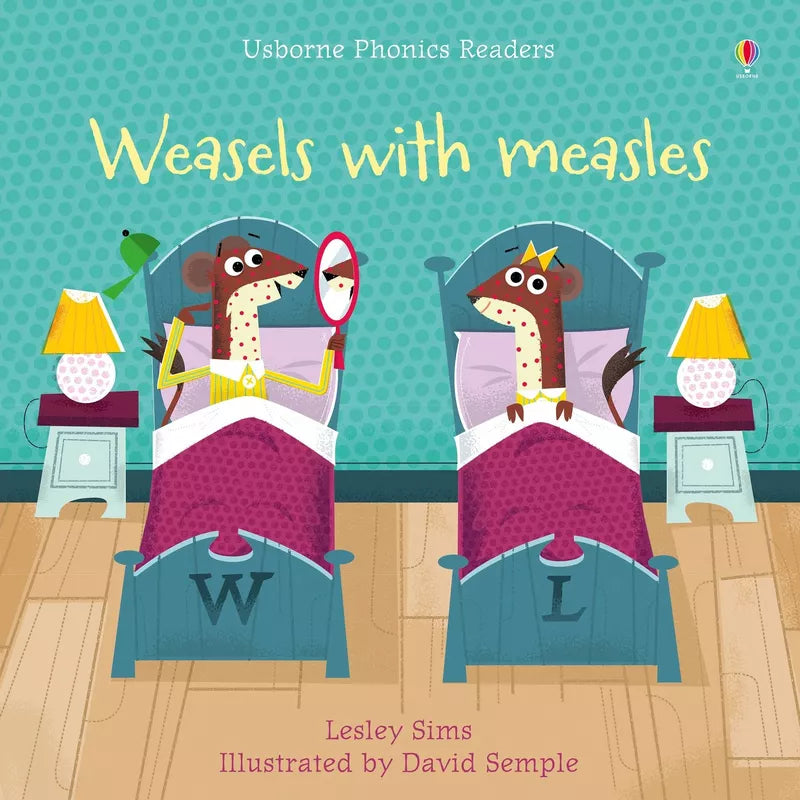Usborne Phonics Readers: Kids' puppet show book cover featuring weasels with measles.