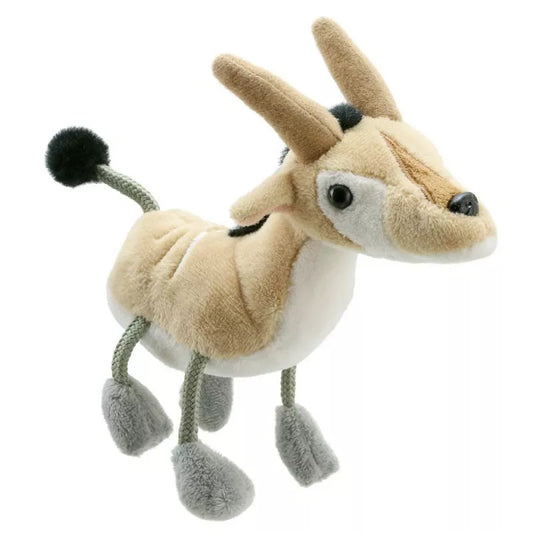 A kids' puppet show featuring an antelope finger puppet with a horn on its head.