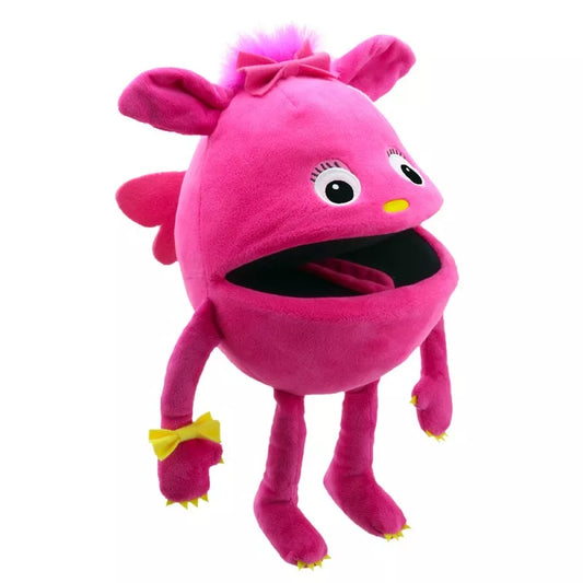 A pink plush toy for kids by The Puppet Company with a pink tail.