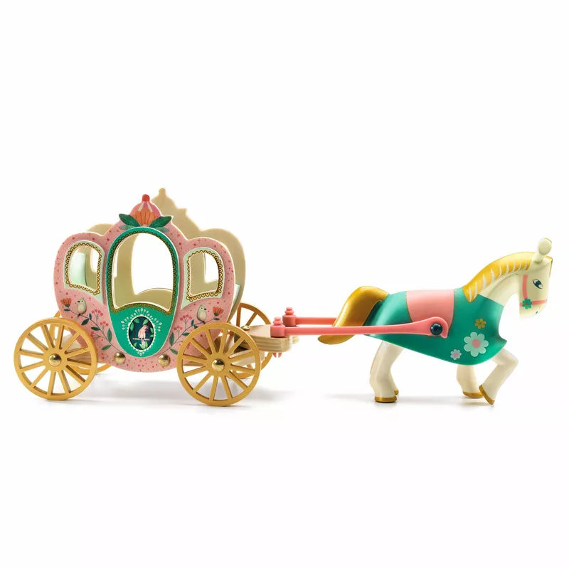 A Djeco Arty Toys Mila & Ze Carrosse carriage with a whimsical pink and green horse, perfect for imaginative kids puppet shows.