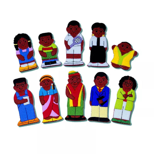 A group of Black family & friends finger puppets performing in a puppet show.