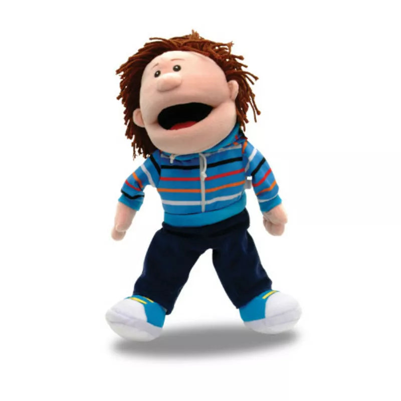 A puppet show featuring a boy puppet with long hair.