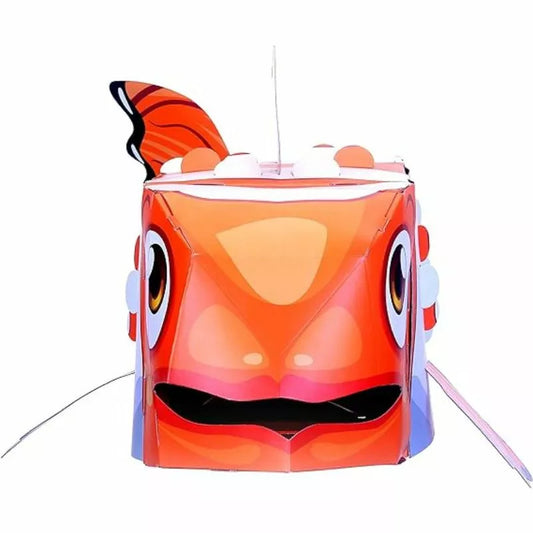 An arts & crafts Fiesta Crafts 3D Mask Clownfish shaped like a box kite with an orange fish on it.