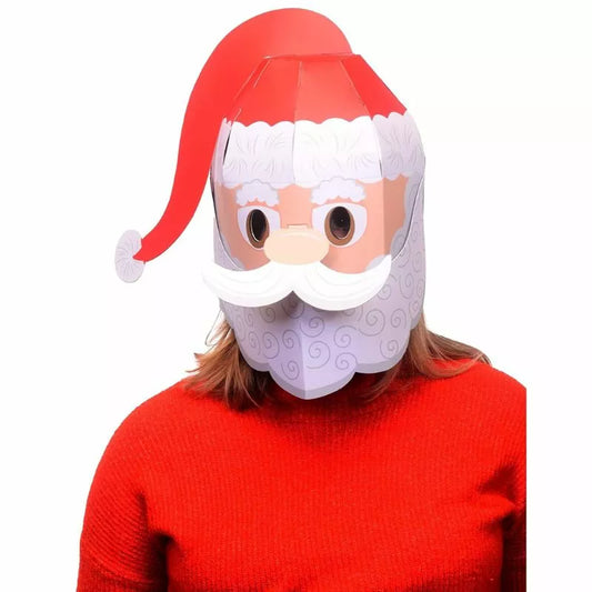 A woman dressing up in a Fiesta Crafts 3D Mask Santa.