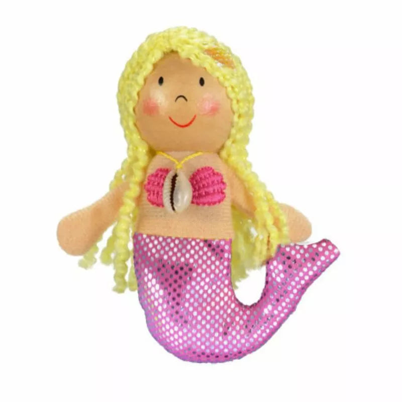A kids' puppet show featuring a Fiesta Crafts Mermaid Finger Puppet with long blonde hair.