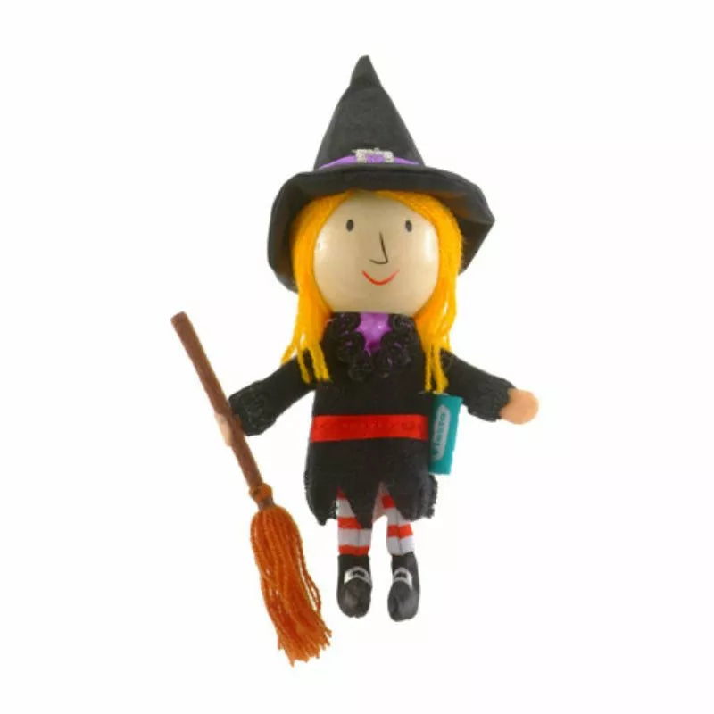 A witch finger puppet dressed as a witch for kids' puppet shows.