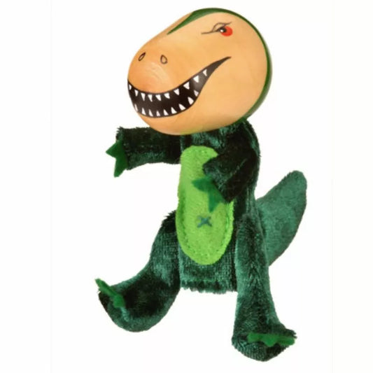 A green Fiesta Crafts T-Rex Finger Puppet stuffed animal.