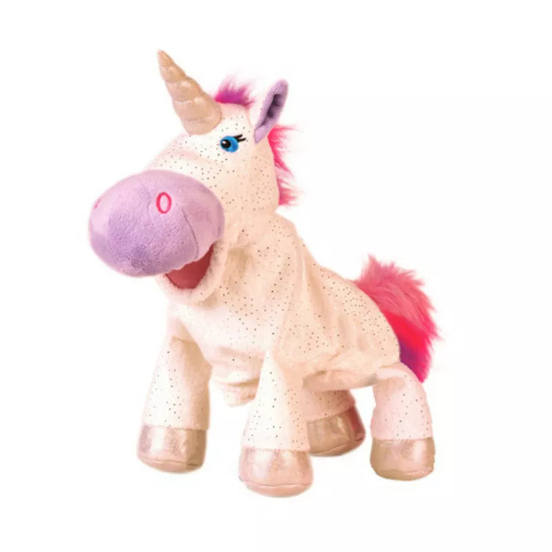A whimsical kids' puppet show featuring a delightful white and pink Fiesta Crafts unicorn hand puppet.