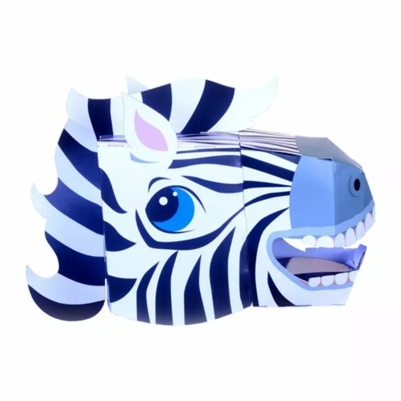 A blue and white-eyed Zebra puppet mask for kids' puppet shows.