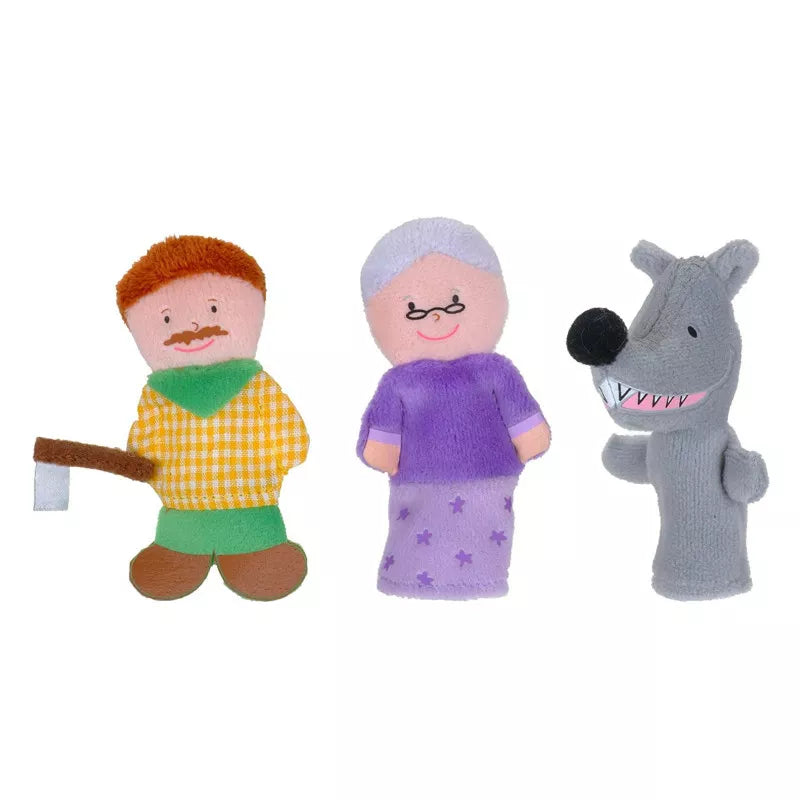 Three Little Red Riding Hood puppet set featuring a man, woman, and wolf for an engaging kids' puppet show.