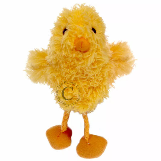 A yellow The Puppet Company Chick Finger Puppet is standing on a white background.