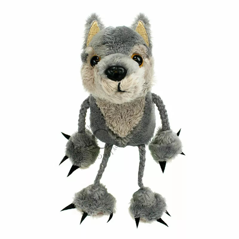 The Puppet Company Finger Puppet Wolf is a gray wolf puppet perfect for kids' puppet shows.