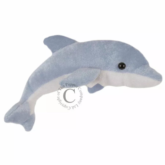 A blue Puppet Company Dolphin Finger Puppet on a white background.