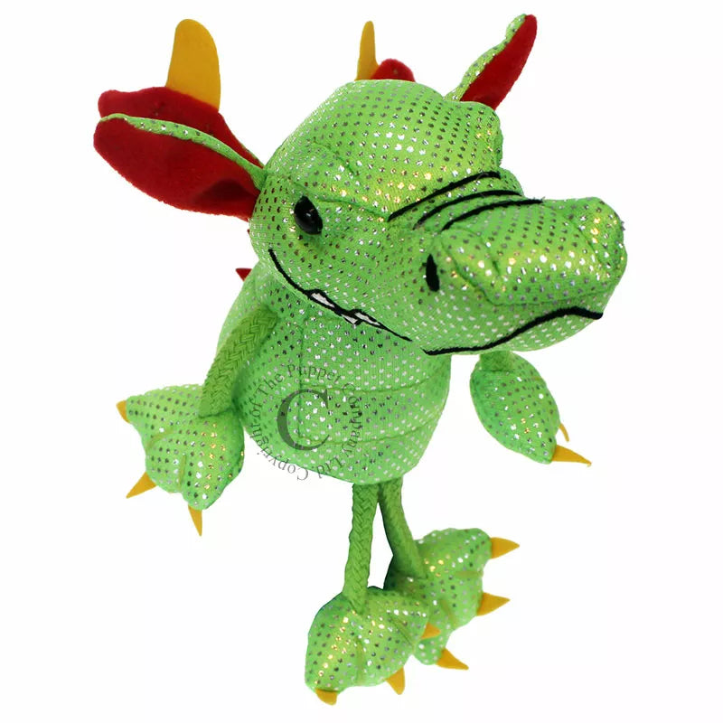 A Dragon Finger Puppet for kids to enjoy a puppet show, with green color and red & yellow eyes.