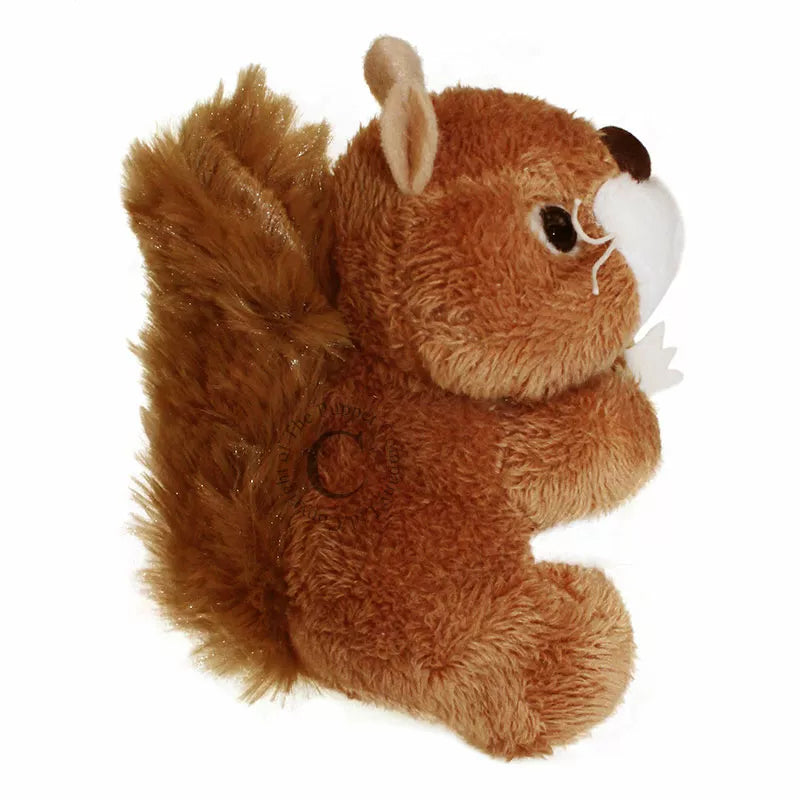 The Red Squirrel Finger Puppet from The Puppet Company is sitting on a white background, perfect for kids' puppet shows.
