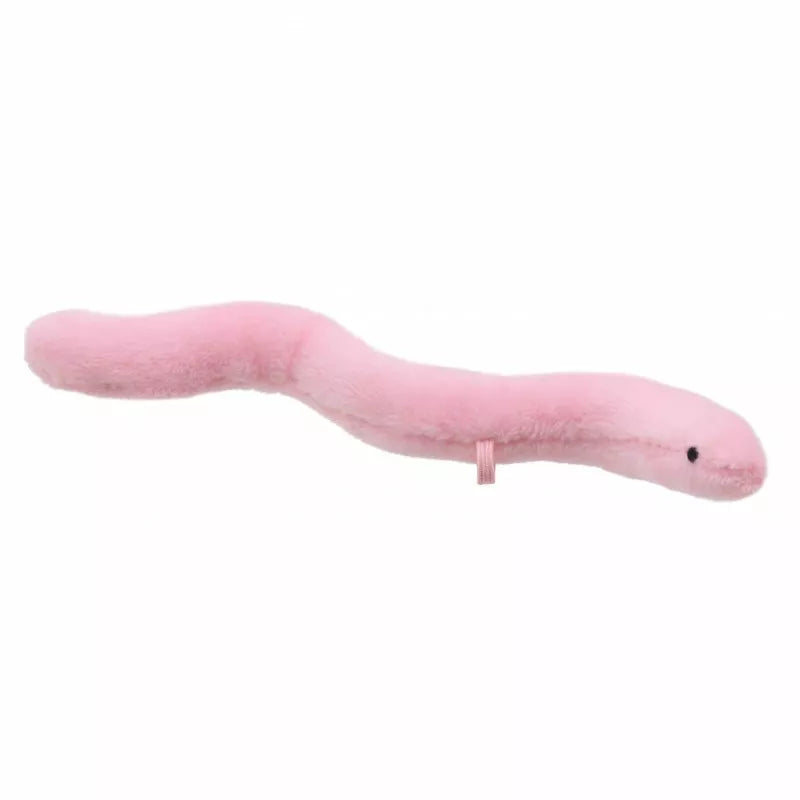 A pink worm finger puppet for kids.