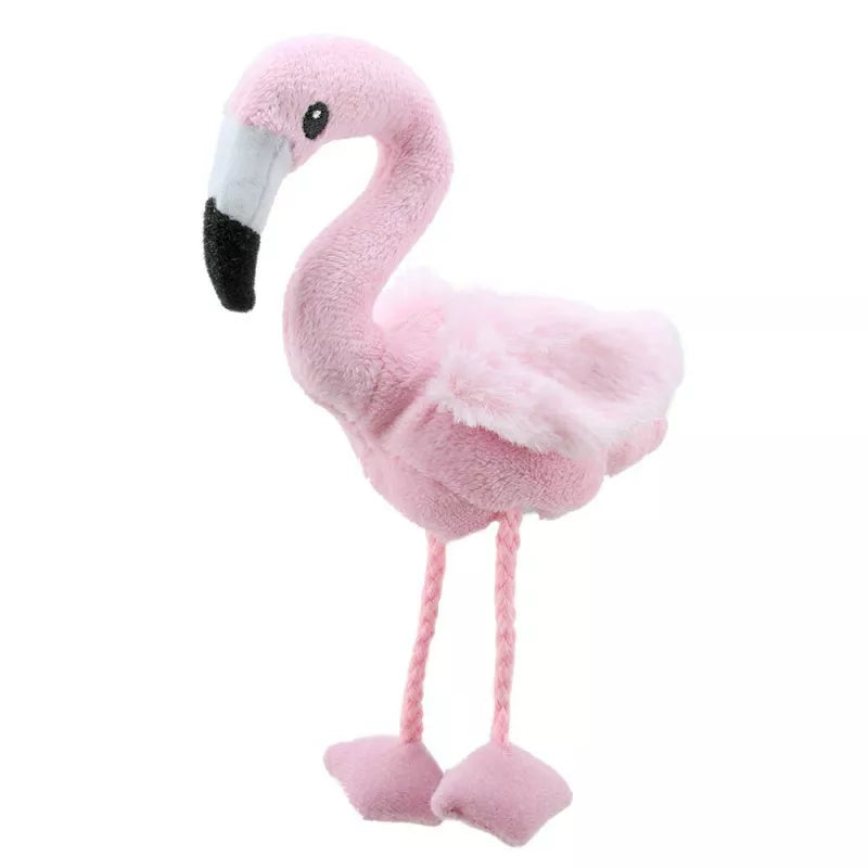 A pink "The Puppet Company Flamingo Finger Puppet" plush toy for kids, perfect for puppet shows.