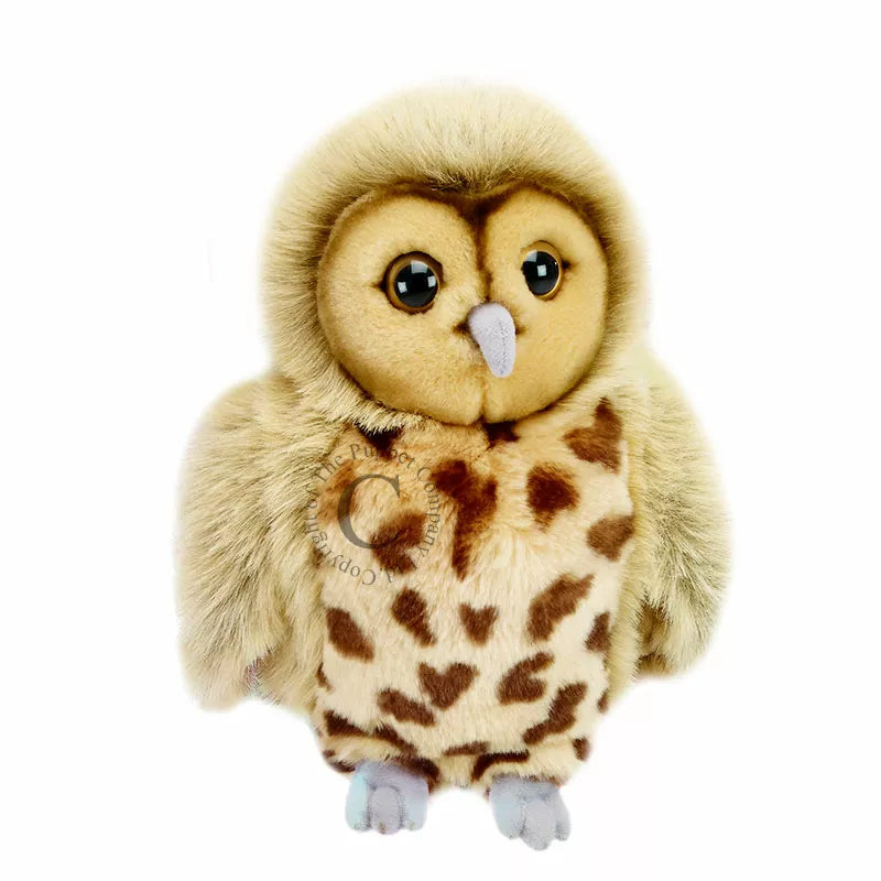 The Puppet Company Full-bodied Hand Puppet Owl with a brown hood on a white background.