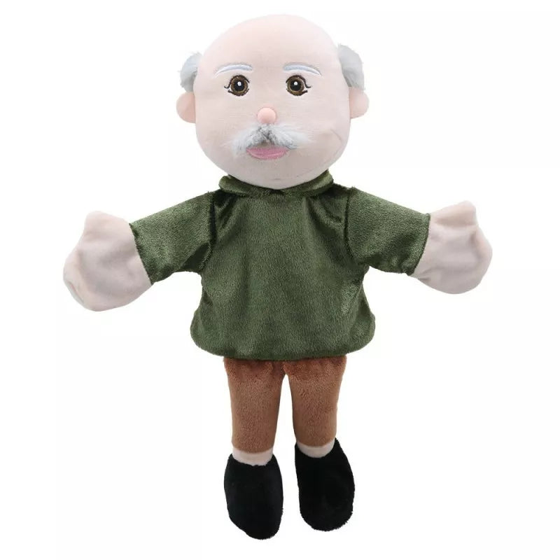 A kid-friendly hand puppet of The Puppet Company Hand Puppet Grandad, complete with a mustache, perfect for puppet shows.