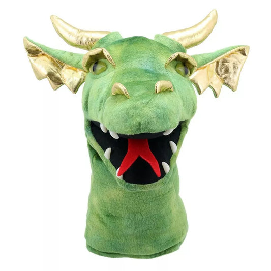 Kids puppet show featuring a large green dragon head mask with gold teeth.