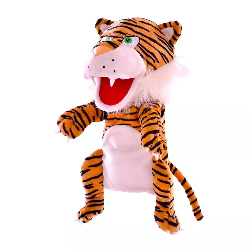 A kids' puppet show set featuring a Jungle Book puppet with its mouth open.