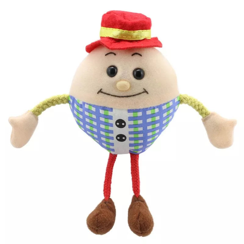 A Humpty Dumpty finger puppet with plaid accessories, perfect for kids puppet shows.