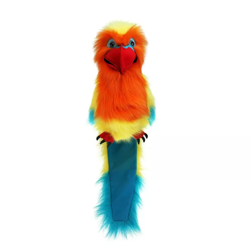 A large puppet love bird performing on a white background at a kids' puppet show.