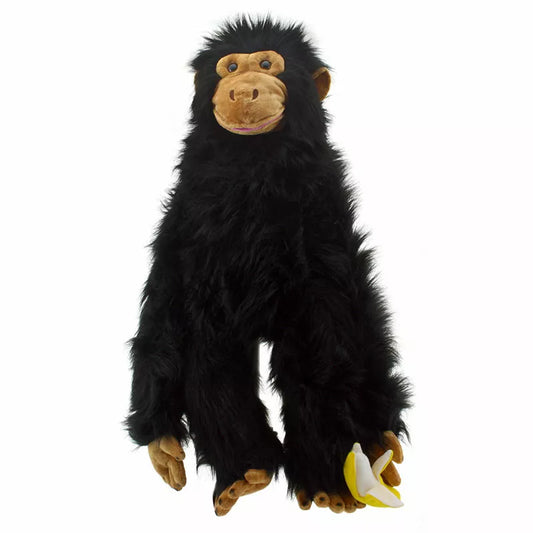 The Large Puppet Chimp designed by The Puppet Company is standing on a white background, perfect for entertaining kids during puppet shows.