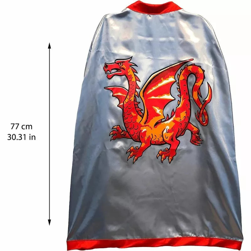 A Liontouch Amber Dragon Knight Cape featuring a red dragon for kids' puppet shows.