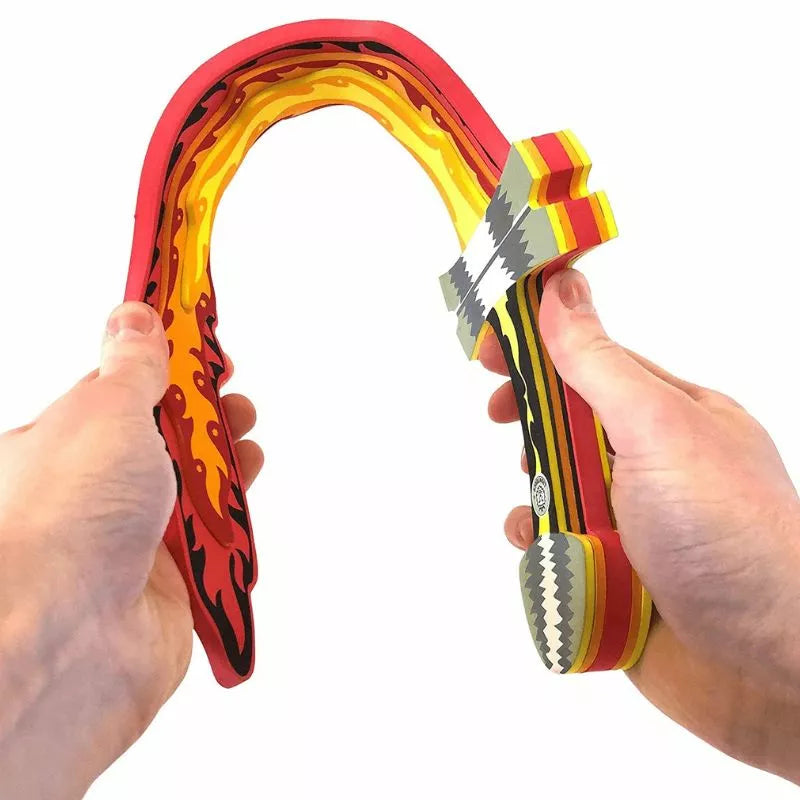 A pair of kids' hands holding a Liontouch Flame Toy Sword in Foam that looks like a rainbow, perfect for puppet shows.