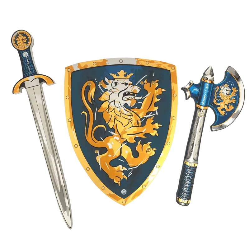 A shield with a sword and a Liontouch Noble Knight Full Costume Set on it.