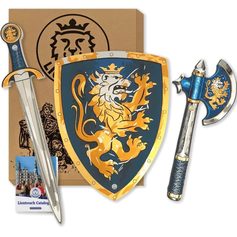 A Liontouch Noble Set with sword, shield, and axe, perfect for kids to use in their puppet shows.