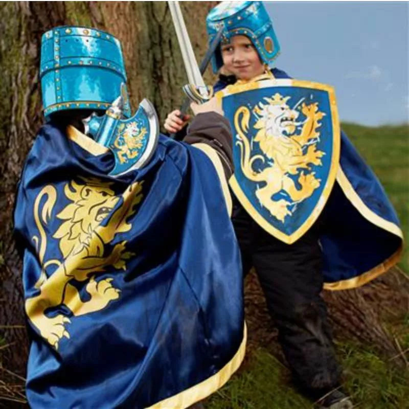 Two children dressed as knights holding Liontouch Noble Knight Shields.