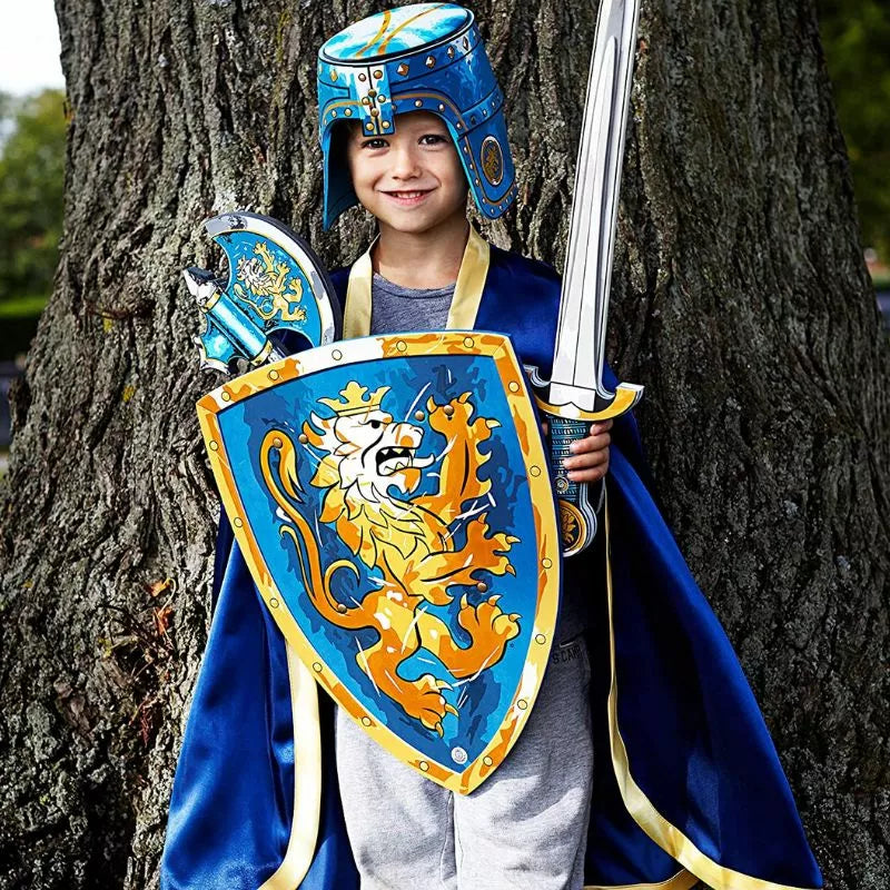 A boy dressed as a knight performing in a kids' puppet show with a Liontouch Noble Knight Sword and shield.