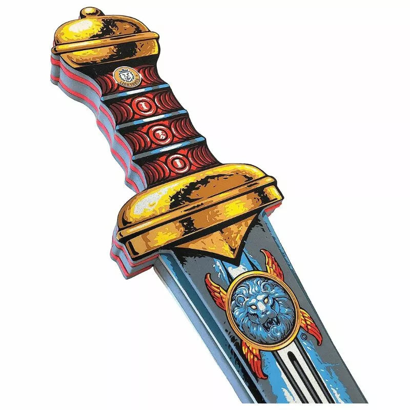 A Liontouch Roman Sword with a blue and gold design, perfect for a kids' puppet show.