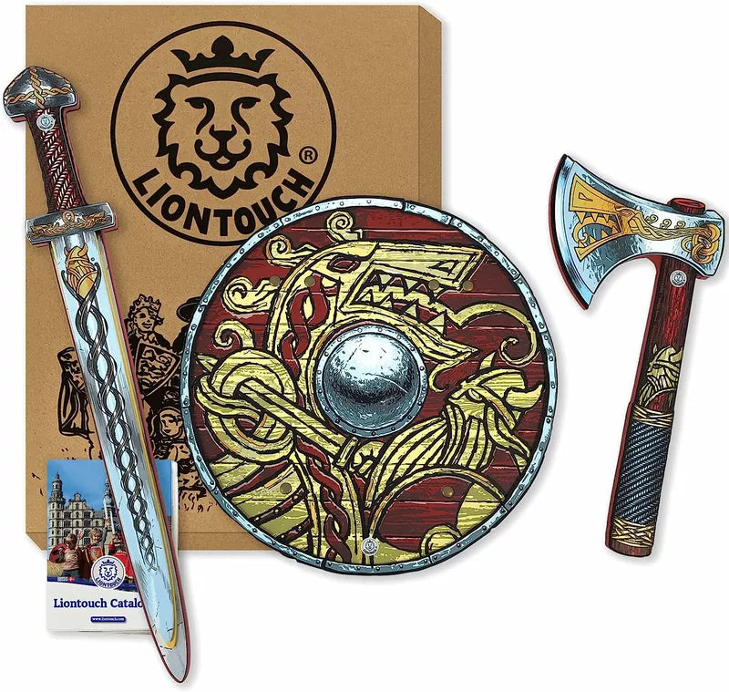 A Liontouch Viking Set for kids featuring a sword, shield, and axe to enhance puppet shows.