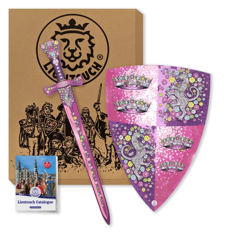 A kids' puppet show featuring a Liontouch Crystal Princess Set Sword & Shield along with other items.
