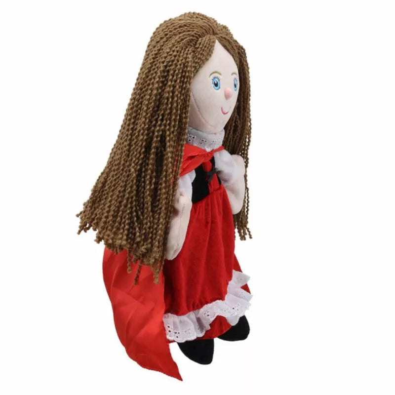 A The Puppet Company Hand Puppet Little Red Riding Hood with long hair and a red dress perfect for storytelling.