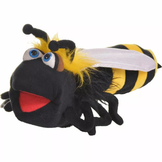A black and yellow Living Puppets Doris Hand Puppet with yellow eyes and a movable mouth.