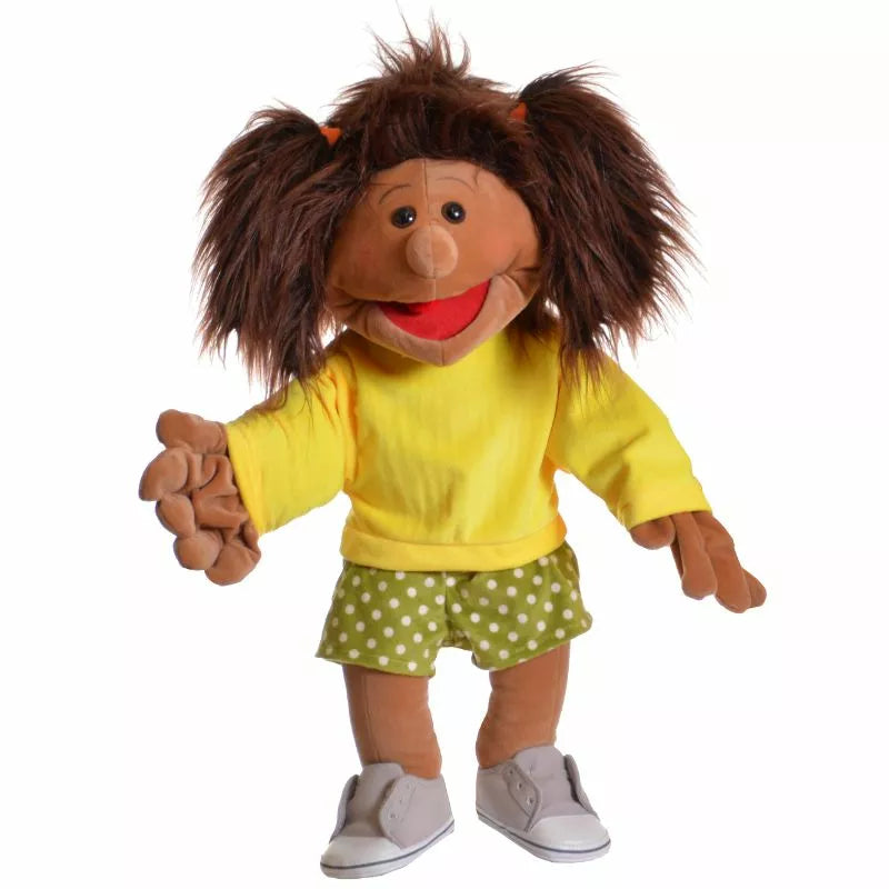A Living Puppets Lorrie 65cm Hand Puppet with brown hair and polka dot shorts.