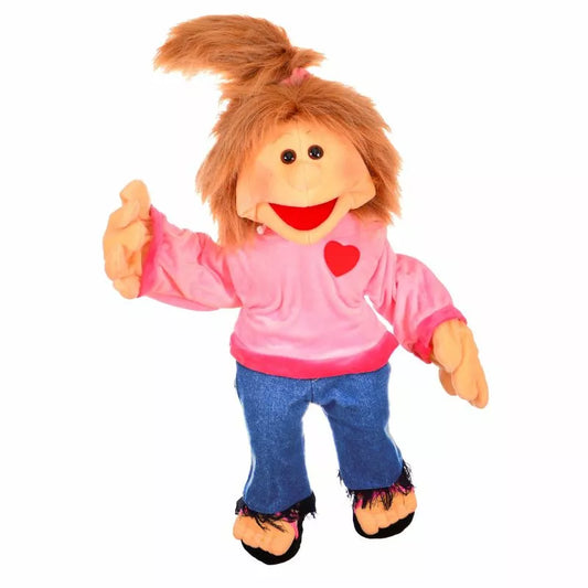 A 65cm Hand Puppet with long hair and a pink shirt, perfect for kids' puppet shows.