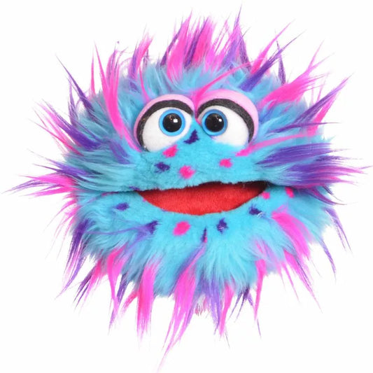 A blue and pink Living Puppets Plops Hand Puppet with big eyes perfect for puppet shows with kids.
