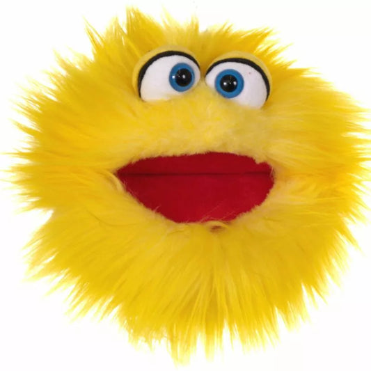 A yellow hand puppet with blue eyes, perfect for kids and puppet shows.