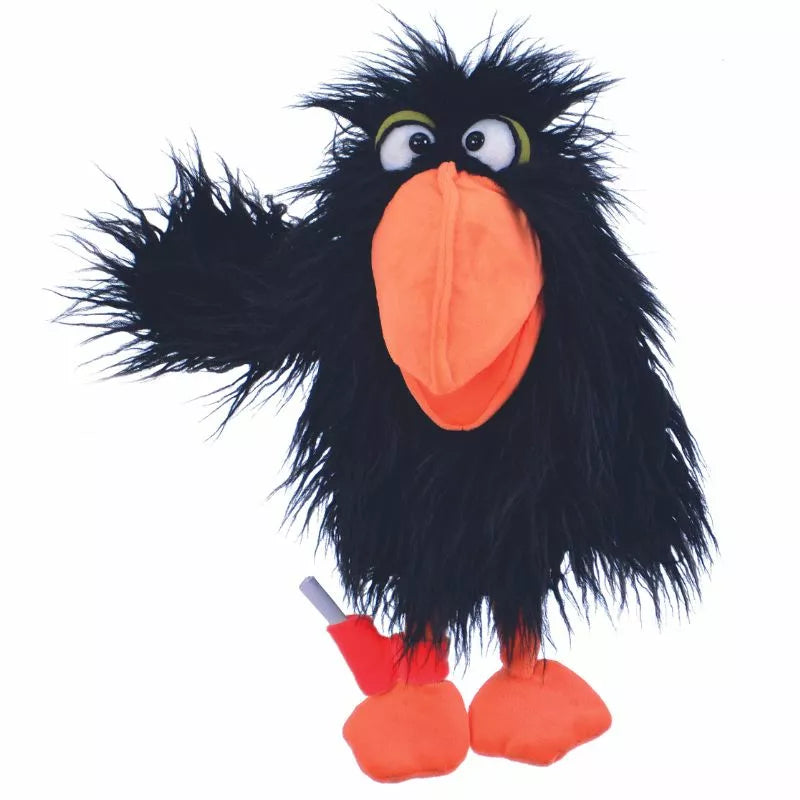 A black Living Puppets Thank you Hand Puppet with orange feet.