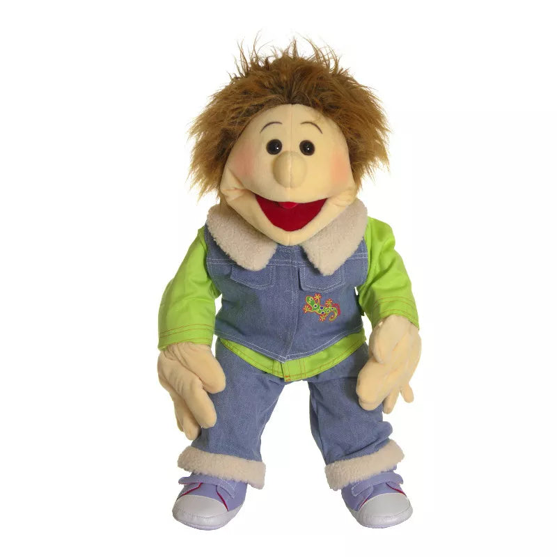 A 65cm hand puppet with brown hair and green overalls, perfect for kids' puppet shows.