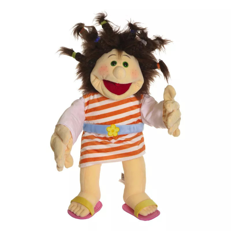 A 65cm hand puppet with a striped dress and flip flops perfect for kids' puppet shows.