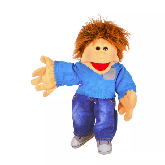 A 45cm Living Puppets Jo Hand Puppet with brown hair and a blue shirt for kids' puppet shows.
